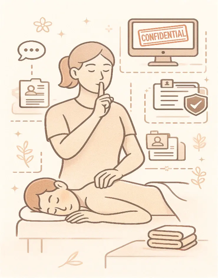 Illustration representing respectful boundaries, draping standards, and confidential handling of client information at Seven Angels Massage